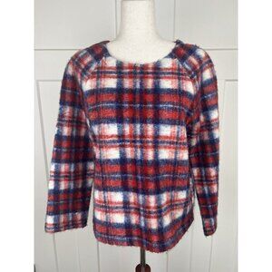 Madewell Nicolette Plaid Sweater Fuzzy Wool Blend Pockets Womens Size M Preppy